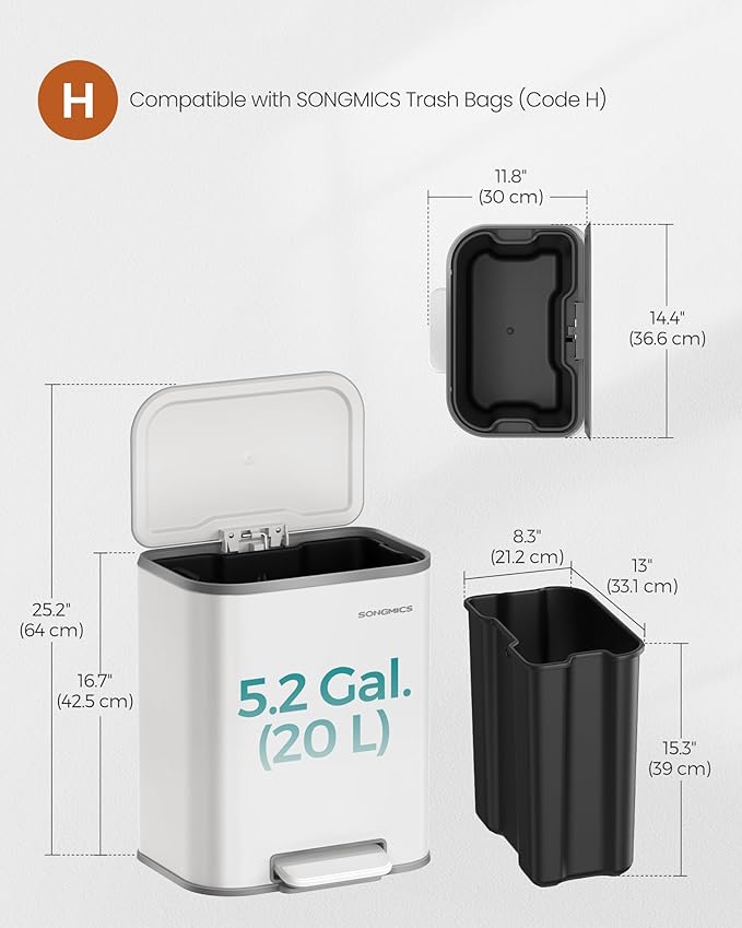 SONGMICS Kitchen Trash Can, 5.2-Gallon (20L) Garbage Can with Lid, Stainless Steel, Soft Close and Stays Open, Inner Bucket, Wide Non-Slip Pedal, Cloud White ULTB542W20