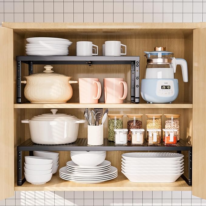 Cabinet Shelf,Expandable Adjustable Stackable Kitchen Organizer,for cabinets, Kitchens, countertops, bathrooms Shelf Organizer(1Pack/Black,Medium)