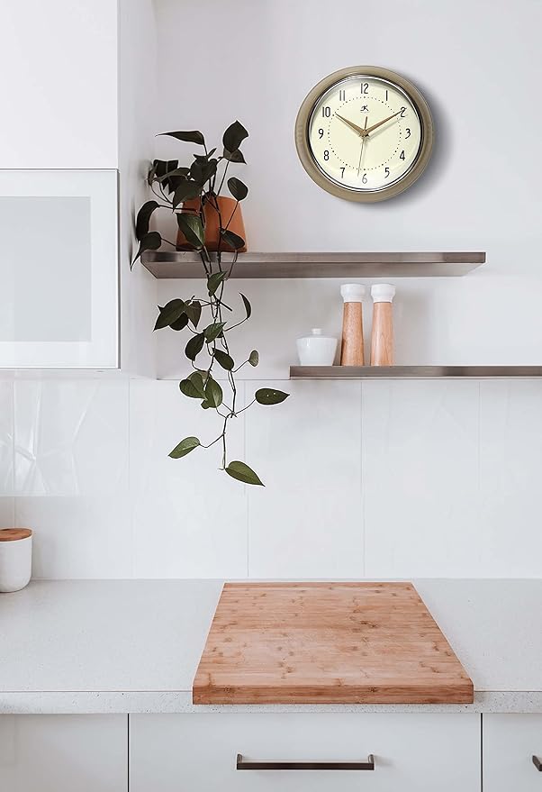 Infinity Instruments LTD. Retro 9 inch Silent Sweep Non-Ticking Mid Century Modern Kitchen Diner Wall Clock Quartz Movement Retro Wall Clock Decorative (Latte)β¦
