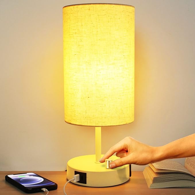 HiBay 17.75" H Dimmable LED Bedside Table Lamp with USB Charging Ports & AC Outlet, Modern White Nightstand Light for Bedroom, Office, Living Room, Kids Room, Round Fabric Shade, E26 Bulb Included
