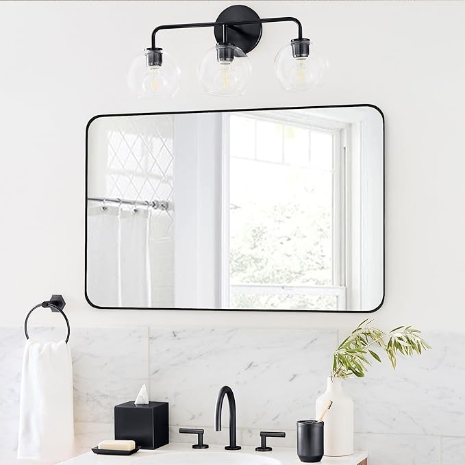 24x36 Inch Black Bathroom Wall Mirror, Modern Rectangle Mirrors with Tempered Glass for Bedroom Living Room or Entryway Horizontal/Vertical Hanging