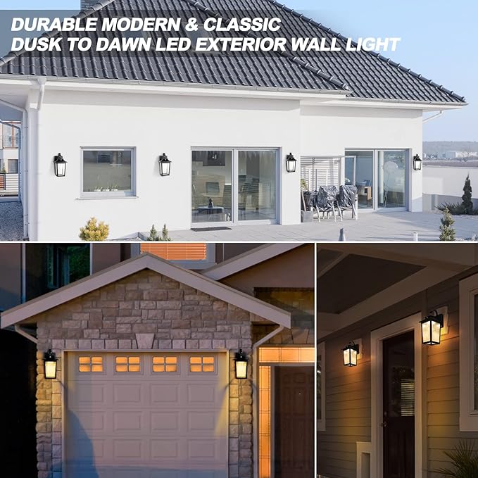 LED Dusk to Dawn Outdoor Wall Lantern with Sensor - Exterior Porch Lighting Fixtures, Black Outside Wall Mount Sconce with 13W 3000K for House Garage, Doorway Garden Patio, 100% Waterproof Anti-Rust