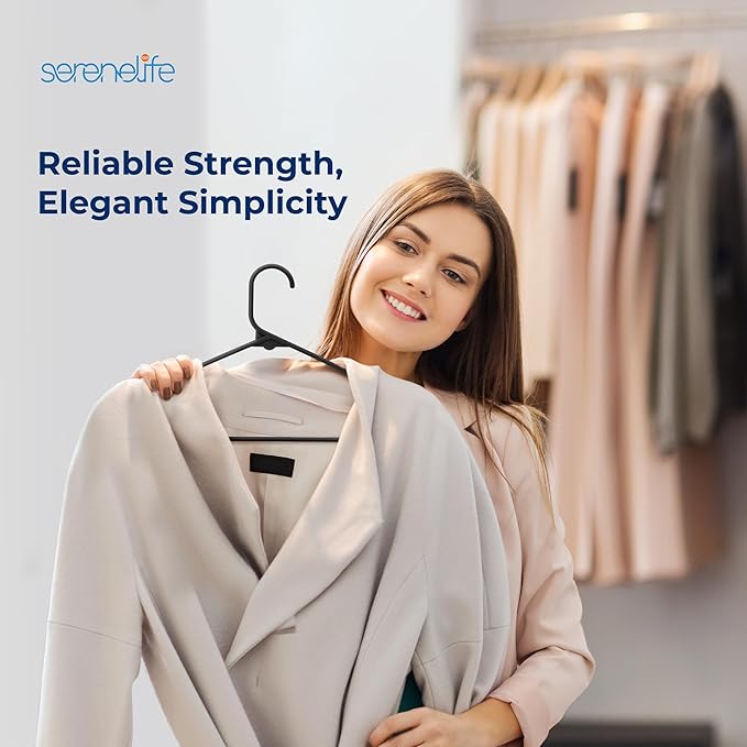 SereneLife 150 Pack Black Plastic Hangers, Non-Slip, Space-Saving Closet Organizers, Durable and Strong for Shirts, Sweaters, Hoodies, Kids Clothes & Dresses, Ultra-Thin, Lightweight