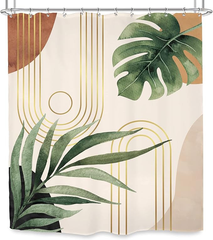 Glawry Boho Sage Green Shower Curtain 60Wx72L Inches, Abstract Bohemian Mid Century Bathroom Curtains, Plant Botanical Palm Leaf Cute Decor Fabric Shower Curtain Set Bathroom Rugs Waterproof 12 Hooks