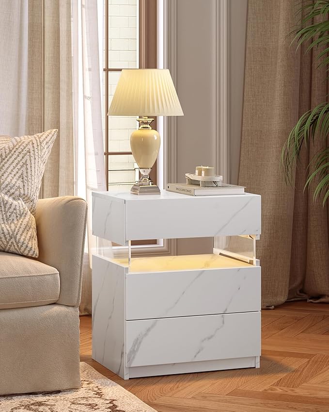 Bingoday Nightstand with LED Lights LED Bedside Tables LED Nightstand for Bedroom Modern Night Stand with 3 Drawers