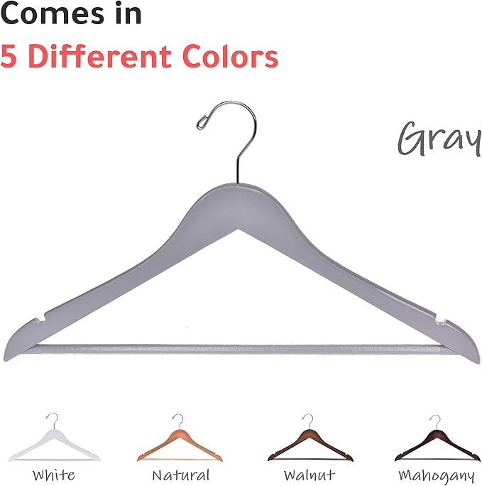 Quality Wooden Hangers - Slightly Curved Hanger Set of 80-Pack - Solid Wood Coat Hangers with Stylish Chrome Hooks - Heavy-Duty Clothes, Jacket, Shirt, Pants, Suit Hangers (Gray, 80)