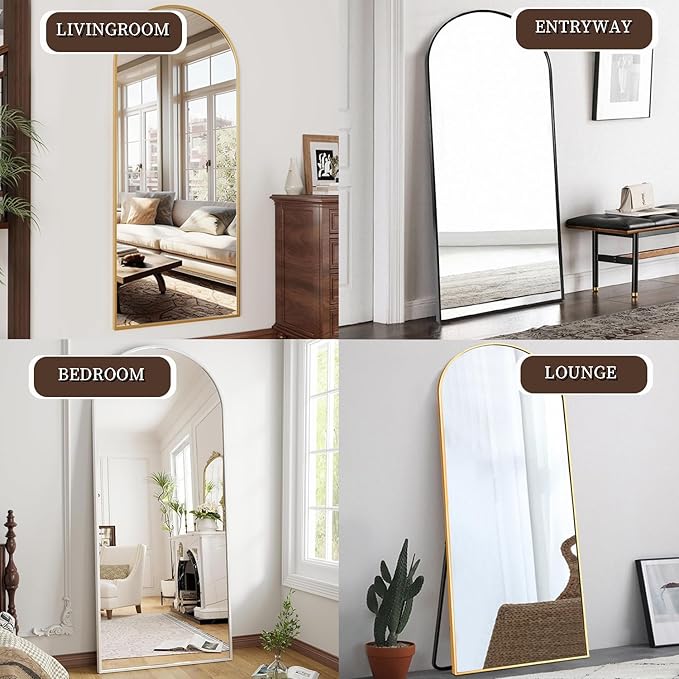 OGCAU Full Length Mirror, 70"x26" Arched Full Body Floor Mirror with Stand, Hanging or Leaning, Standing, Wall Mounted with Aluminum Frame for Bedroom Living Room (Gold)