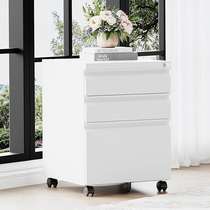 3 Drawer File Cabinet,Mobile Filing Cabinet with Lock and Wheels,Fully Assembled Metal Under Desk File Cabinets for A4/Letter/Legal Size(White