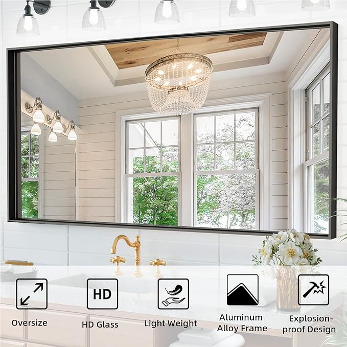 60x40 Inch Black Bathroom Mirrors for Over Sink, Large Wall Mirrors, Tempered Glass, Aluminum Metal Framed, Bathroom Vanity Mirrors, Living Room Bedroom Entryway Mirror (Horizontal/Vertical)