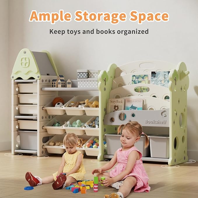 Kids Toy Storage Organizer with 17 Removable Bins, 4-Tier Bookshelf for Kids, Multi-Purpose Castle-Shaped Toy Organizer for Playroom, Bedroom, Nursery, Living Room (Green)