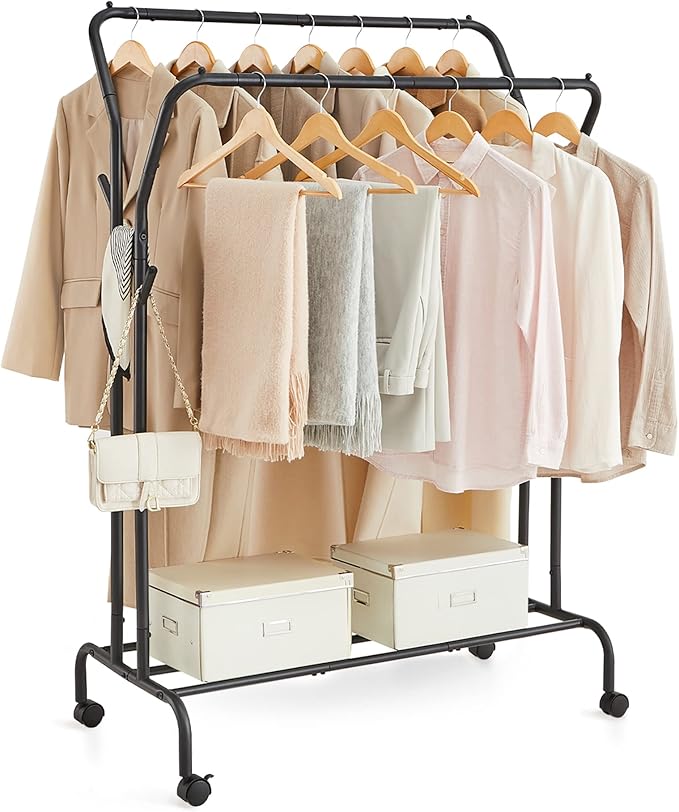 SONGMICS Clothes Rack, Double-Rod Clothing Rack for Hanging Clothes with Wheels, Garment Rack, Metal Frame, 220 lb Max. Total Load, 40.7 Inches Wide, Clothes Storage and Display, Black UHSR107B01