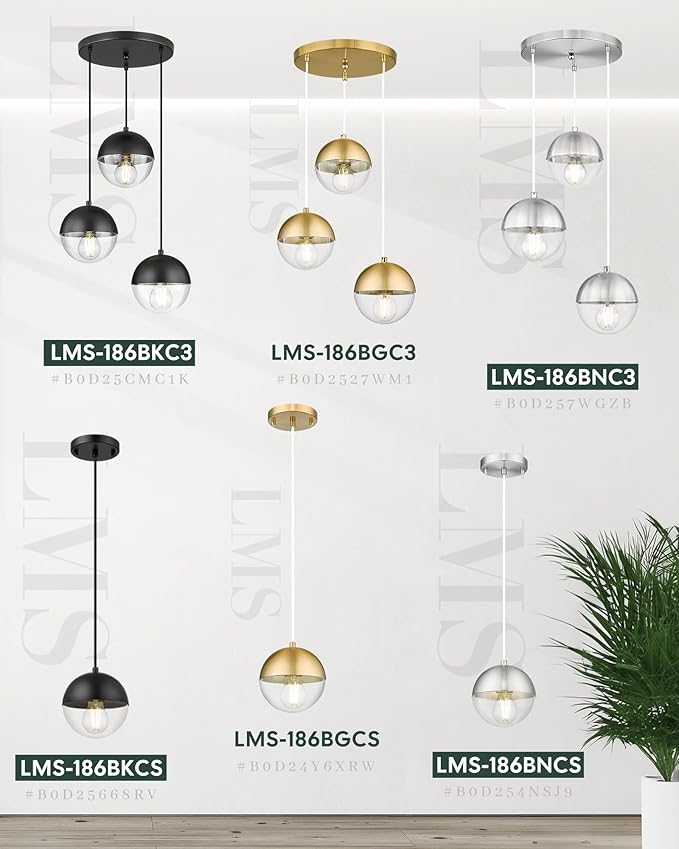 LMS Brushed Gold 3-Light Cluster Pendant Lights, Modern Kitchen Island Lighting with Clear Globe Glass Shade, Adjustable Hanging Cord Ceiling Light for Home Office Bathroom Dining Room, LMS-186BGC3