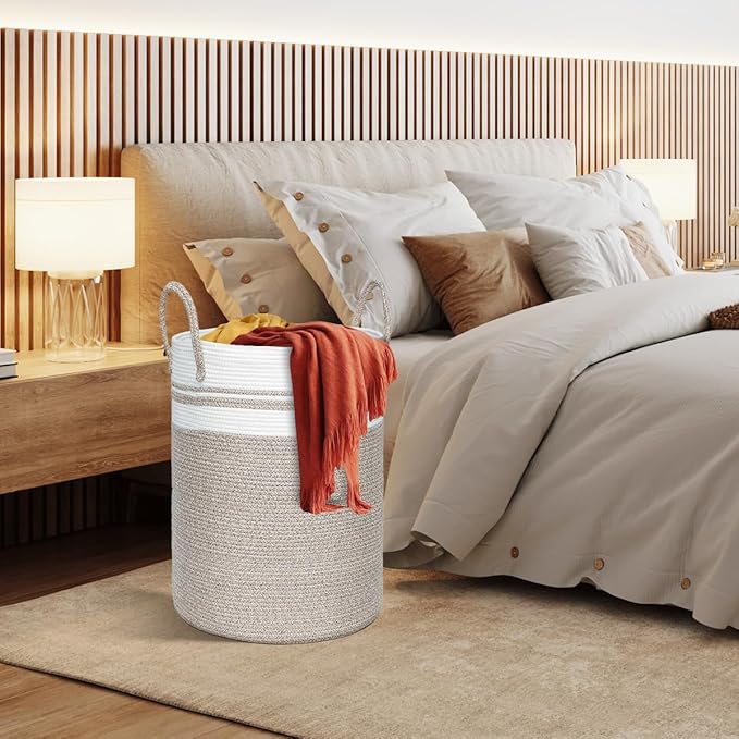 58L Large Laundry Basket, Laundry Hamper with Handles, Clothes Storage Basket, Tall Woven Rope Storage Basket for Dirty Clothes, Blankets, Pillows in Bathroom, Bedroom (Brown, 15 x 20in)