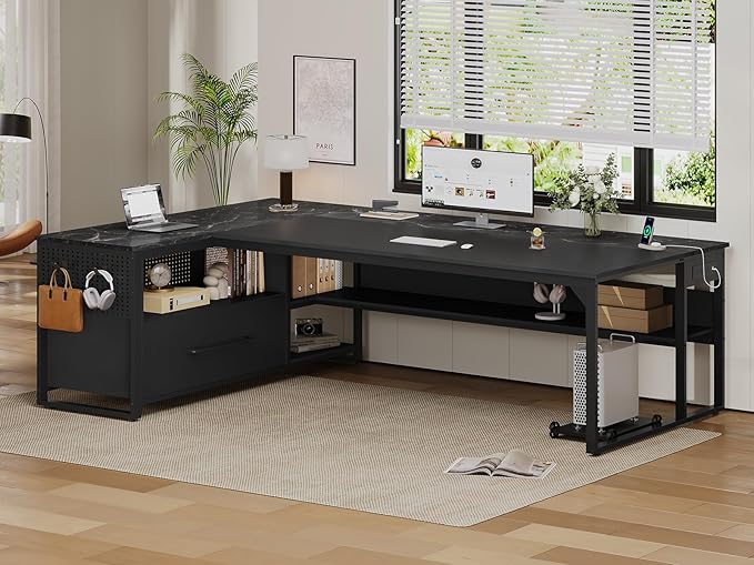 71" Executive Desk, Large Office Desk with Widen File Drawers & Power Outlets, Reversible L Shaped Computer Desk Corner Desk with Storage Shelves, CPU Stand, Hooks, Business Furniture (Black)