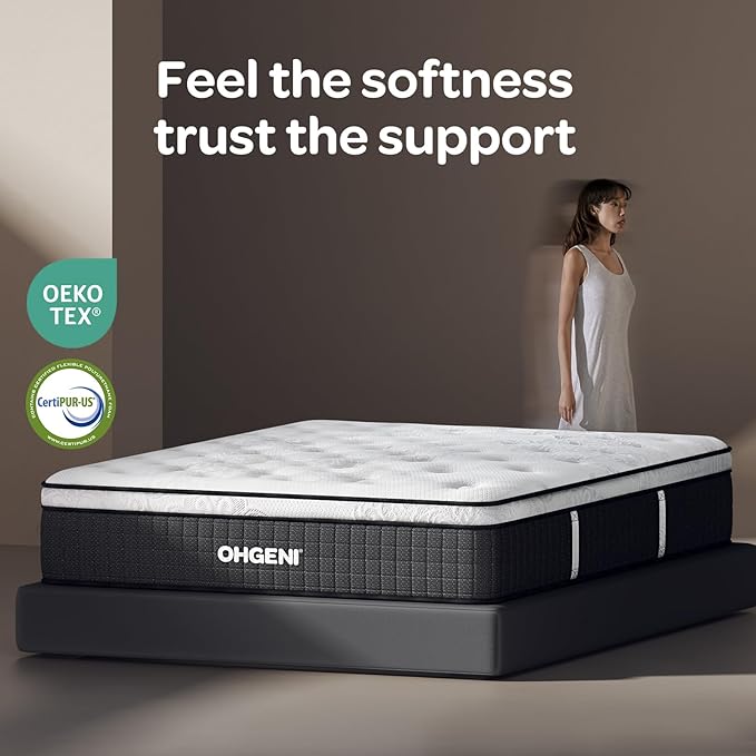 OhGeni 10 Inch Cooling Queen Size Mattress, Hybrid Gel-Infused Memory Foam Bed Mattresses in a Box, Medium Feel Cool Top Fabric, Individual Pocket Innerspring, 3-Zone Design & Reinforced Edge Support