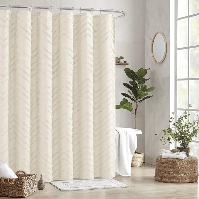 Cream Shower Curtain Boho Farmhouse Shower Curtain 72 x 72 Tufted Chevron Textured Minimalist Shower Curtains for Bathroom