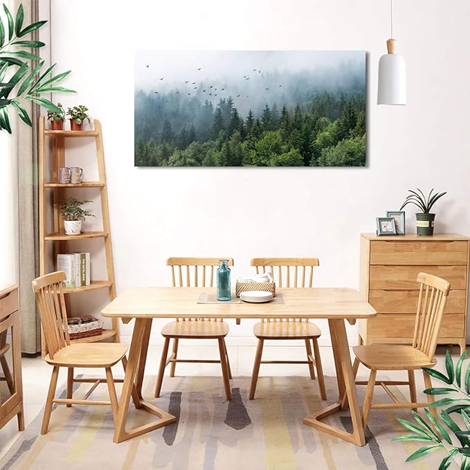 Green Forest Wall Art Tropical Forest Mountain Bird Contemporary Canvas Pictures Modern Artwork Framed for Bathroom Bedroom Nursery Living Room Home Office Kitchen Wall Decor 20" x 40"