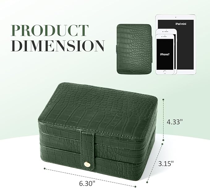 PU Leather Travel Jewelry Organizer Case for Women & Girls, 2-Layer Portable Jewelry Box for Earrings, Rings, Necklaces, Bracelets, Compact Jewelry Storage (Green)