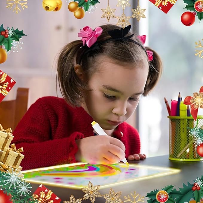 LED Note Board with Colors, LED Drawing Board for Kids, Lighted Acrylic Dry Erase Message Board, Illuminated Notepad with Adjustable Stand and 7 Pens (5.9‘ × 5.9’)
