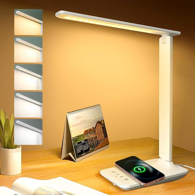karidi LED Desk Lamp with Wireless Charger, Dimmable Table Lamp Reading Lamp with USB Charging Port, 5 Lighting Modes, Sensitive Control, Foldable Portable Desk Light for Home Office Bedroom Reading