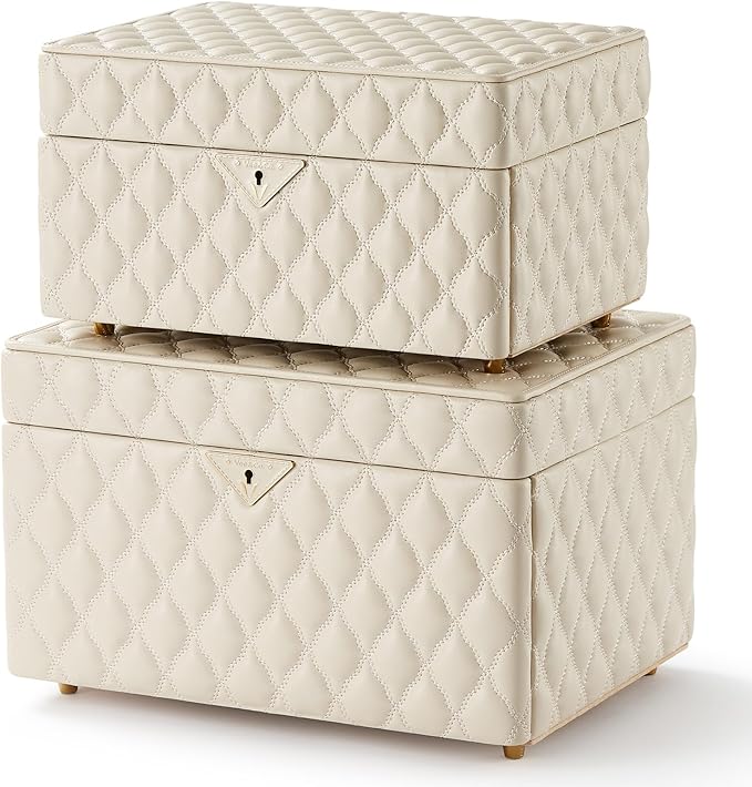Vee Jewelry Box, 3-Layer Jewelry Case Diamond Quilted Leather Jewelry Organiser with Drawers,Jewelry Storage with big Mirror,Multipurpose Use with Key Lock,Gift Idea (beige, Large-13.39*10.04*8.66in)