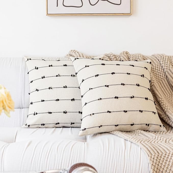 Boho Throw Pillow Covers 16x16 Set of 2 Modern Farmhouse Decorative Cushion Case Tufted Square Pillows Cover Neutral Pillow Cases Accent Pillowcase for Sofa,Couch,Bed,Beige and Black