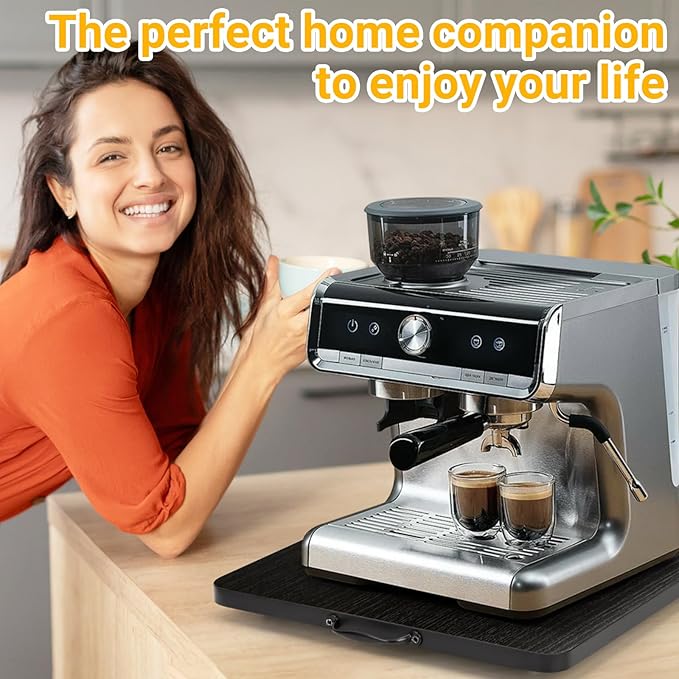 360° Rotatable Sliding Tray for Kitchen Appliances, Wooden Sliding Tray for Coffee Maker, Coffee Pot Slides for Countertop Installation, Easy to Slide (Black, Large)