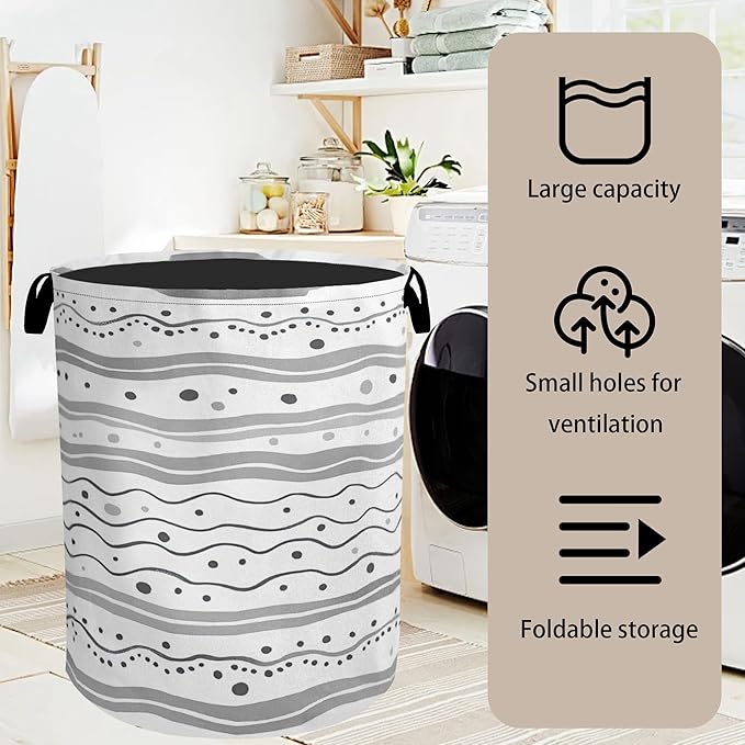 Modern Gray Lines Laundry Basket - Heavy Duty 60L Dirty Clothes Organizer, Water Resistant Foldable Hamper for Men Women