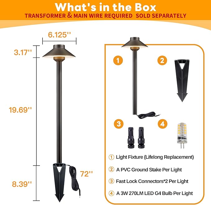 Low Voltage Landscape Lighting Brass - 12v Pathway Lights Waterproof, Hard Wired Path Light Outdoor, Mushroom Bronze for Exterior Area Patio House with 3W 5000K Daylight G4 Bulb (4 Pack)