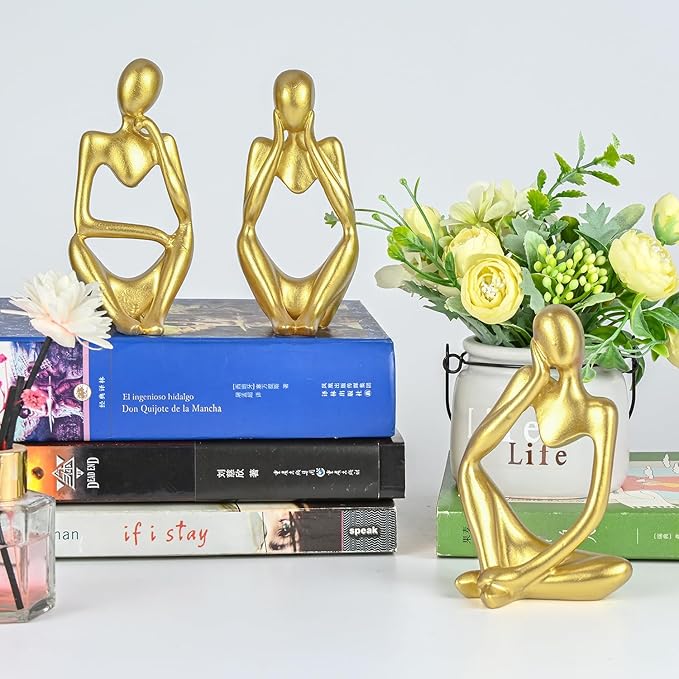 BOPART 3Pcs Gold Statues Decor for Home, Office or Living Room, Resin Thinker Figurines Sculptures Gold Accent for Bookshelf or Coffee Table Decoration