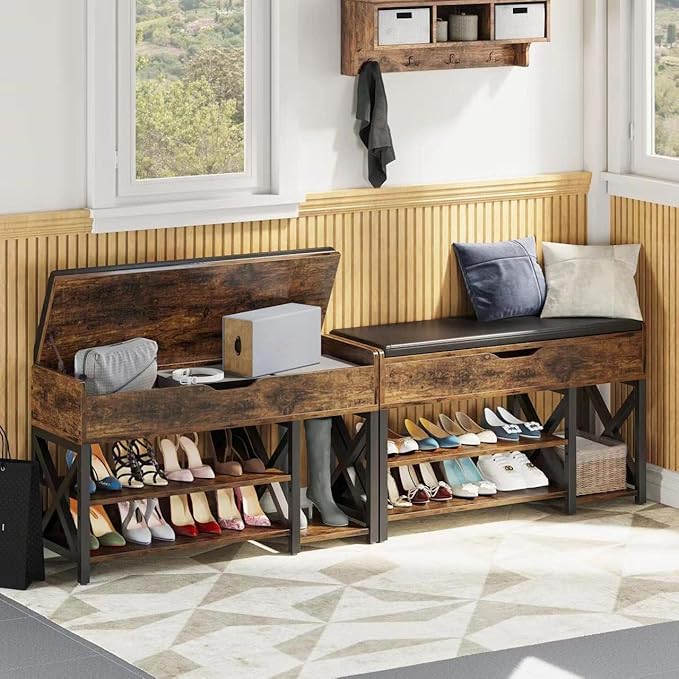 Shoe Bench, Lift Top Shoe Storage Bench, Adjustable Shelf Entryway Bench, Metal and Wood Shoe Rack Organizer with Cushion for Entry, Closet, Living Room, Bedroom, Hallway (Brown, 39.5“W)