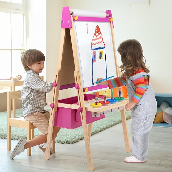 Art Easel for Toddlers Kids, Adjustable Standing Art Easel with Magnetic Chalkboard & Whiteboard, Dry-Erase Board, Paper Roll, Drawing & Painting Easel for Kids Ages 3 4-8 9-12, Pink w/Bag