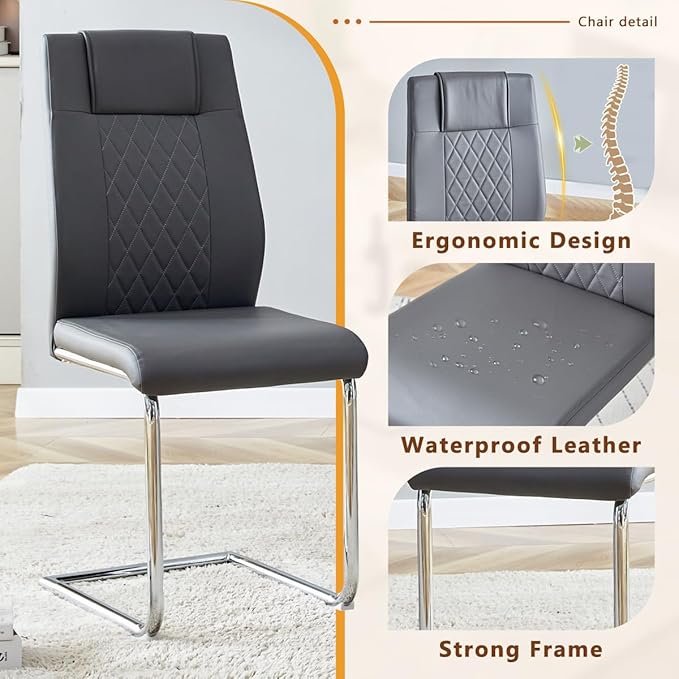 63'' Glass Dining Table Set for 4, Kitchen Table Chairs Set of 4, Clear Glass Dining Table with White unique design Leg and Silver Metal Base, 4 PU Dining Chairs with Metal Legs, Living Room, Kitchen.
