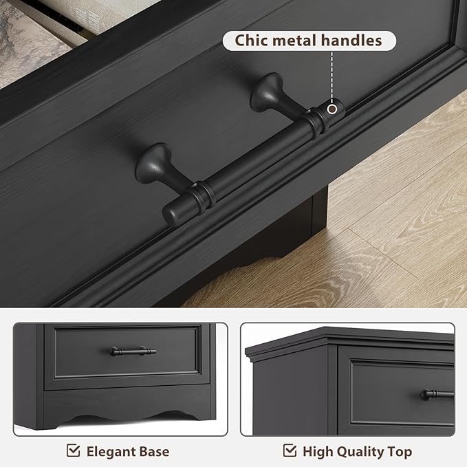 Farmhouse Nightstand with Charging Station, Black Wood Bedside Table & End Table with 3 Drawers and Unique Base Design, Side Table Storage Cabinet with Metal Handles for Bedroom, Living Room