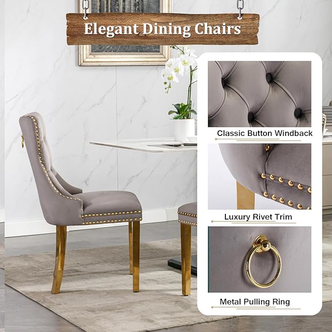 7 Piece Dining Table Set with 6 Grey Dining Chairs, Modern Glass Kitchen Table and Chairs Set for 6, 70" Rectangle Gold Glass Pedestal Dining Room Tables with Flash-Shape Stainless Steel Base