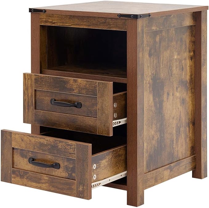 Farmhouse Nightstand with 2 Storage Drawers, Brown Wood Bedside Table, Sturdy End Table with Shelf for Bedroom, Dorm, Living Room, Brown