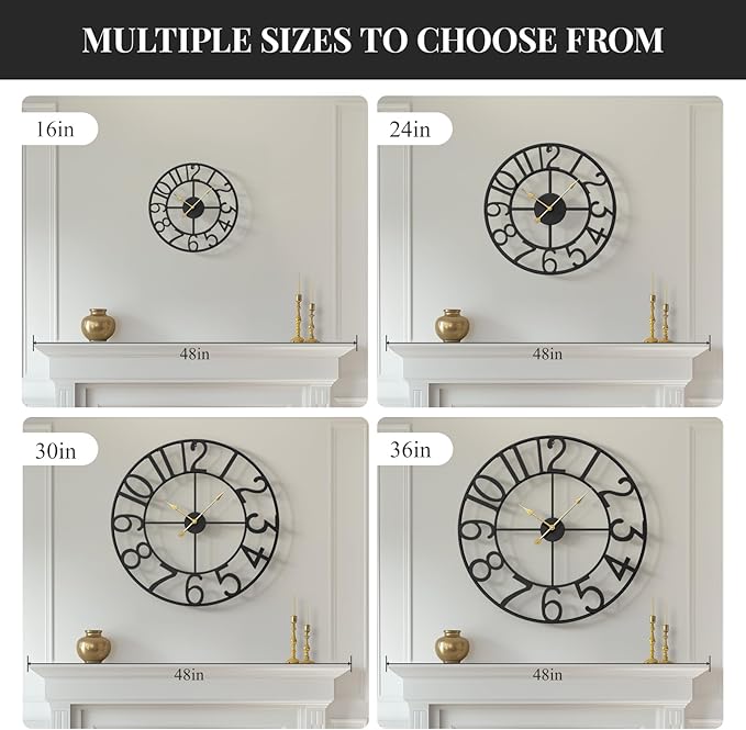 Large Wall Clock, 20 Inch Black Decorative Wall Clock for Living Room, Modern Metal Battery-Operated Arabic Numerals Round Clocks Silent Non Ticking for Kitchen Mantel Bedroom Office