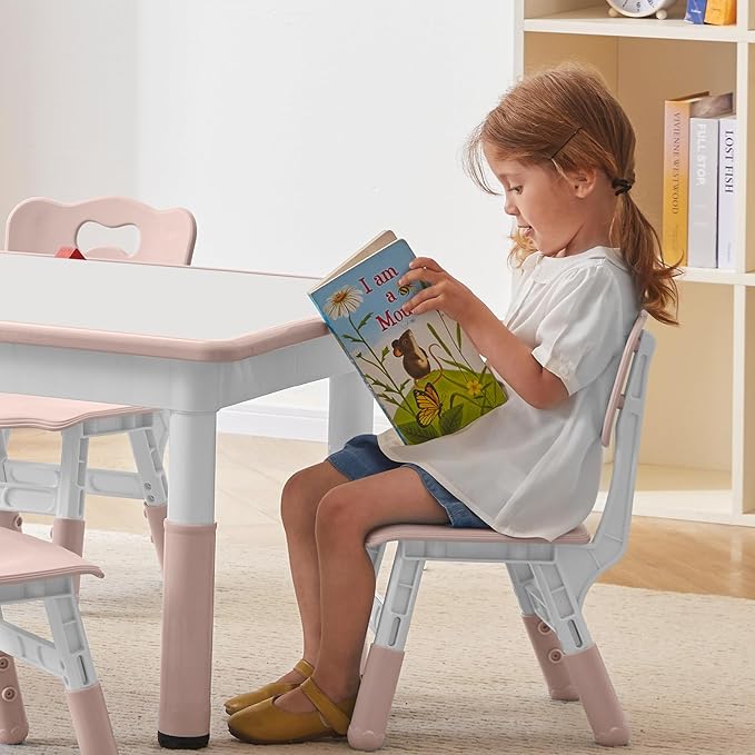 Height-Adjustable Kids Table and 4 Chairs Set, Toddler Table and Chair Set with Graffiti Desktop, 31.5''L x 23.6''W Children Activity Table for Daycare, Classroom, Home
