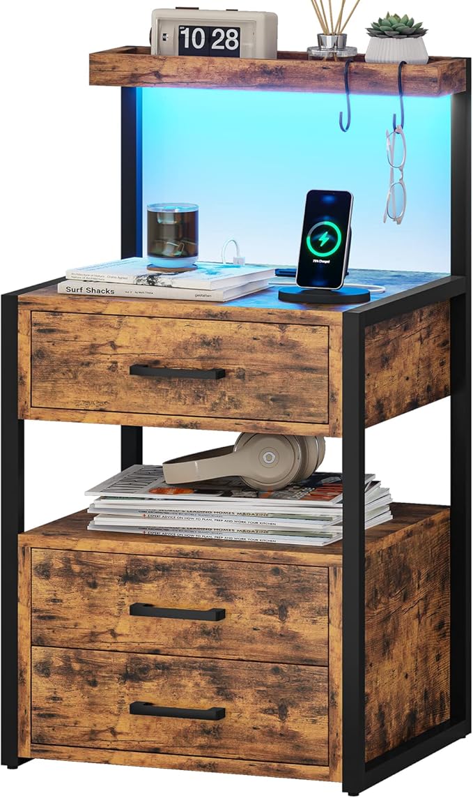 Nightstand with Charging Station and LED Lights, LED Night Stand with 2 USB Ports and 2 AC Outlets, Modern End Table with 3 Drawers, Bedside Table with Open Storage for Bedroom, Rustic Brown