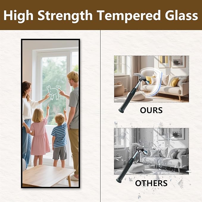 Koonmi Large Mirrors, 64"x21" Full Length Mirror with Stand, Full Body Mirror with Aluminum Alloy Frame, Hanging or Leaning Against Wall Floor Standing Mirrors for Bedroom Living Room, Black
