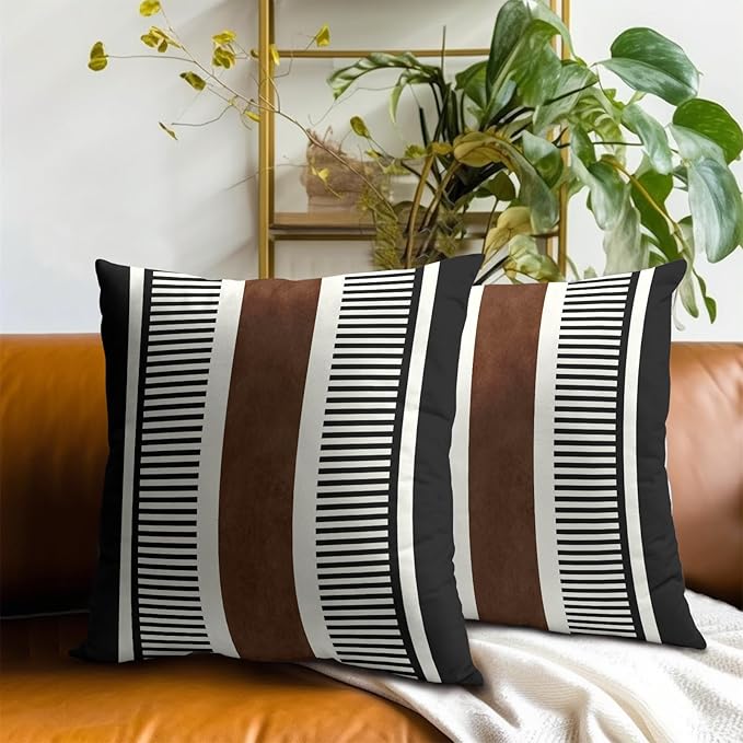 Kawani Boho Decorative Throw Pillow Covers 18x18 Inch Black White Brown Stripe Pillow Covers Set of 2 Farmhouse Rustic Decorative Pillows Modern Geometric Pillow Cases for Couch Decor