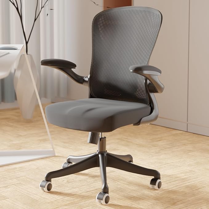 Ergonomic Office Chair with Adjustable Flip-Up Armrests & Lumbar Support - Thickened Cushion Desk Chair with Wheels, Home Office Computer Chair (Black)