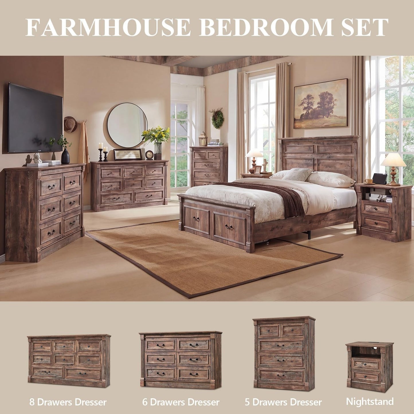 Aitjunz Farmhouse 6 Drawer Dressers for Bedroom, 47'' Wide Dresser & Chests of Drawers w/Roman Columns, Horizontal Wooden TV Stand Dresser w/Metal Handle for Bedroom, Hallway, Living room, Light Brown