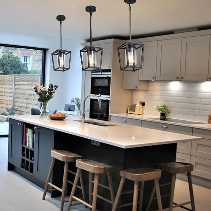 SGLfarmty 1-Light Black Pendant Lights Kitchen Island, Farmhouse Cage Metal Hanging Light Fixtures with Glass Shade,Adjustable Lantern Pendant Lighting for Dining Room, Entryway, Hallway