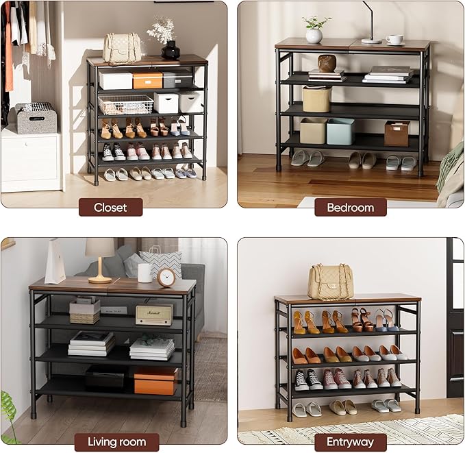 Mavivegue 6 Tier Shoe Rack Organizer, Metal Organizer Shelf with with MDF Top Panel and Layer Fabric, Shoe Rack for Front Door Entrance, Black & Rustic Brown