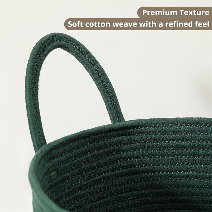 60L Large Woven Laundry Basket Hamper, 100% Natural Cotton Rope, Handwoven & Durable, Storage for Blankets, Toys, Clothes, Decorative Nursery Hamper for Living Room, Baby Room, Bedroom (Dark Green)
