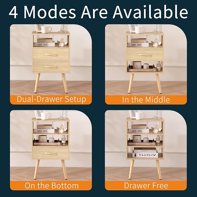 Yoobure LED Night Stand with Charger Station, Mid Century Modern Nightstand with Fabric Drawers, Bedside Table Nightstands with Storage Shelf, Bed Side Table Small Night Stands for Bedroom Living Room