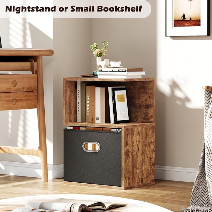 Furologee Nightstand with Charging Station and Drawer, 3 Tier End Table with Open Shelf, Wood S Shaped Bedside Table with Storage for Living Room/Bedroom/Small Space, Rustic Brown