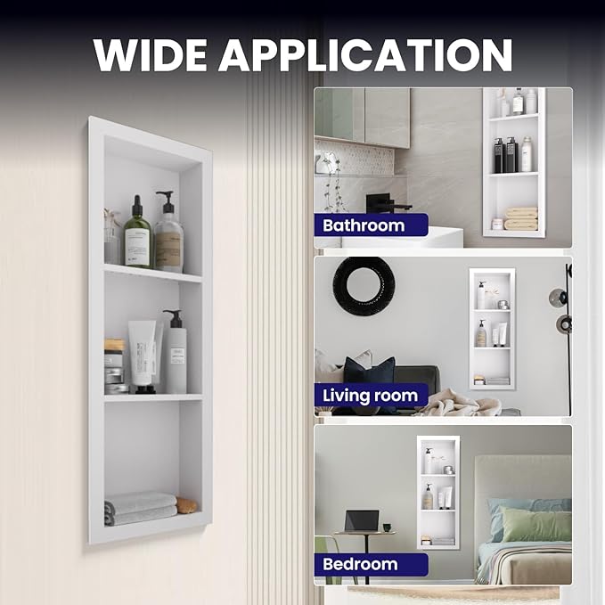 Stainless Steel Shower Niche 12" X 36",3-Tier Shelf Niches Bathroom Shelf Recessed Wall Niche No Tile Needed Shower Shelf for Bathroom Storage(White, 12 x 36)