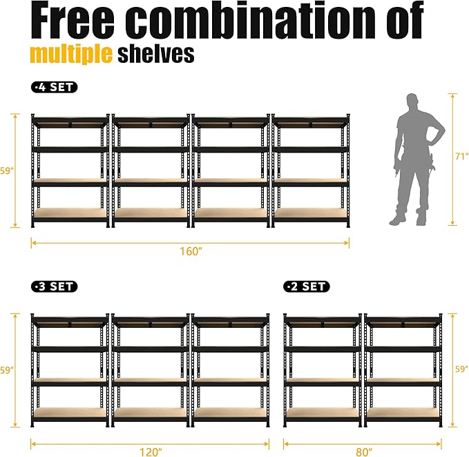 PrimeZone 40" W x 20" D x 59" H Heavy Duty Storage Shelves, 4 Tier Adjustable Garage Shelving Unit, Metal Organizer Shelf Utility Rack for Warehouse Pantry Closet Kitchen, Black, 2 Pack